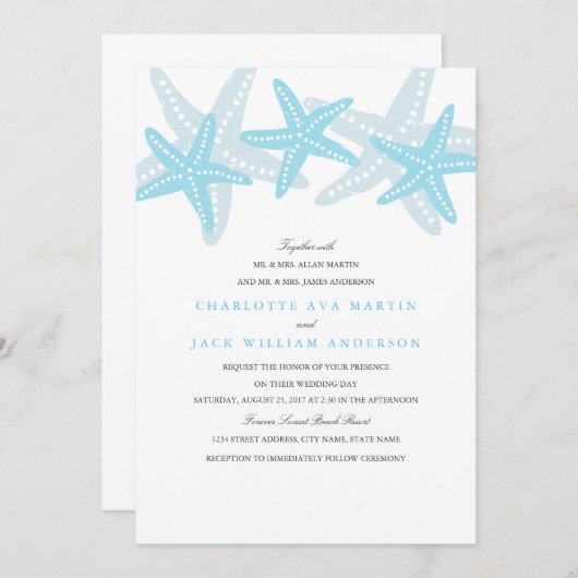 Starfish Beach bruiloft uitnodiging blauw (Voorkant / Achterkant)