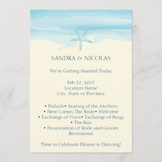 Starfish Beach huwelijksprogramma II Programmakaart (Voorkant)