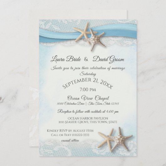 Starfish Beach Sky Blue met harteuitnodiging Kaart (Voorkant / Achterkant)