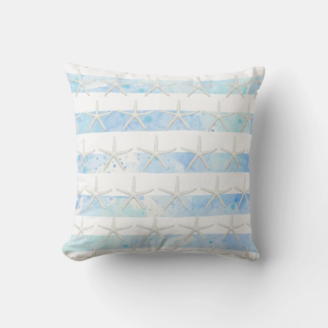 Starfish Beach Waterverf Was Stripe Blue n White Kussen (Voorkant)