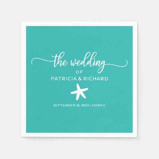 Starfish Beach Wedding Blauwgroen Turquoise en Wit Servet (Voorkant)