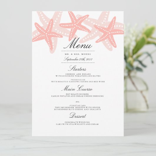Starfish Beach Wedding Dinner Menu Peach (Staand voorkant)