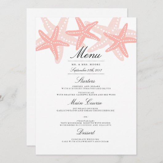 Starfish Beach Wedding Dinner Menu Peach (Voorkant / Achterkant)