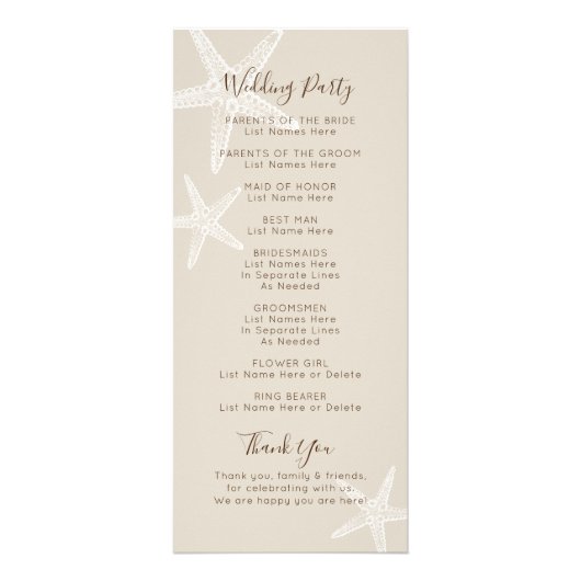 Starfish Beach Wedding Programme - Tan and White Reclamekaart (Achterkant)