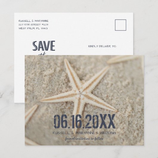 Starfish Beach Wedding Save the Date Briefkaart (Voorkant / Achterkant)