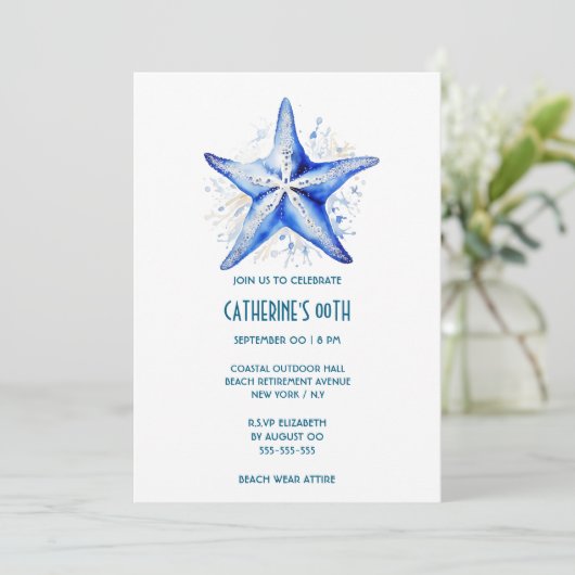 Starfish blauw wit strand thema verjaardag kaart (Staand voorkant)