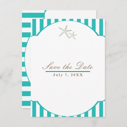 Starfish Blauwgroen Striped Beach Elegant Save the Aankondigingskaart (Voorkant / Achterkant)