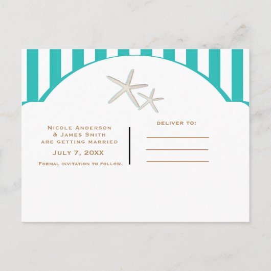 Starfish Blauwgroen Striped Beach Elegant Save the Aankondigingskaart (Achterkant)