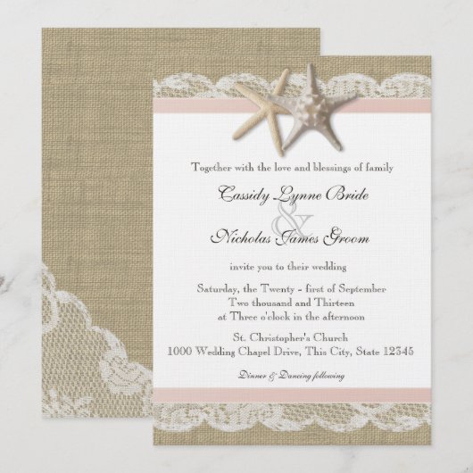 Starfish Blush Country Lace en Burlap Wedding Kaart (Voorkant / Achterkant)