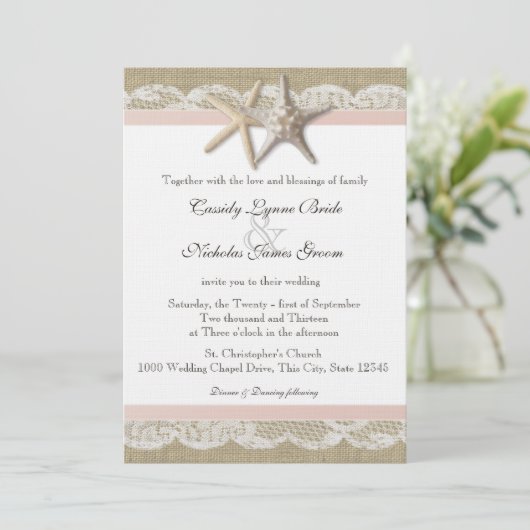 Starfish Blush Country Lace en Burlap Wedding Kaart (Staand voorkant)