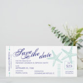 Starfish Boarding Pass Beach Save the Date Kaart (Staand voorkant)