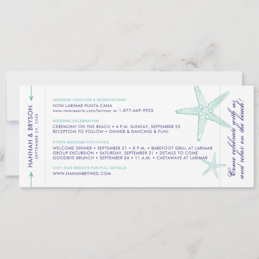 Starfish Boarding Pass Beach Save the Date Kaart (Achterkant)