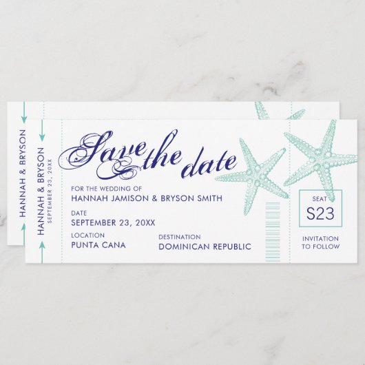 Starfish Boarding Pass Beach Save the Date Kaart (Voorkant / Achterkant)