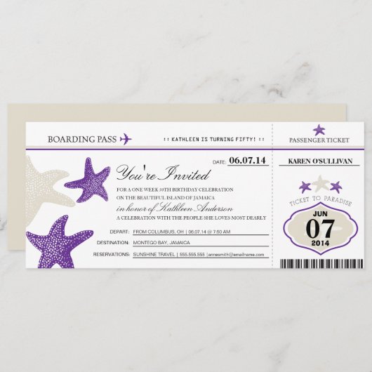 Starfish boarding Pass Birthday Kaart (Voorkant / Achterkant)