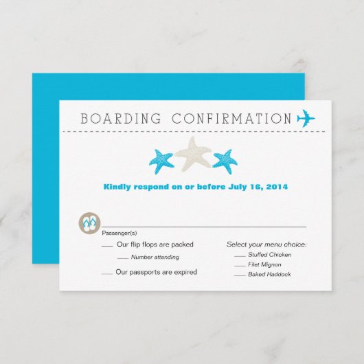 Starfish Boarding Pass RSVP-kaart RSVP Kaartje (Voorkant / Achterkant)