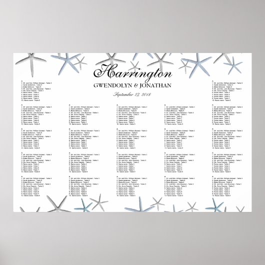 Starfish Borders Beach Wedding Seating Chart Poster (Voorkant)