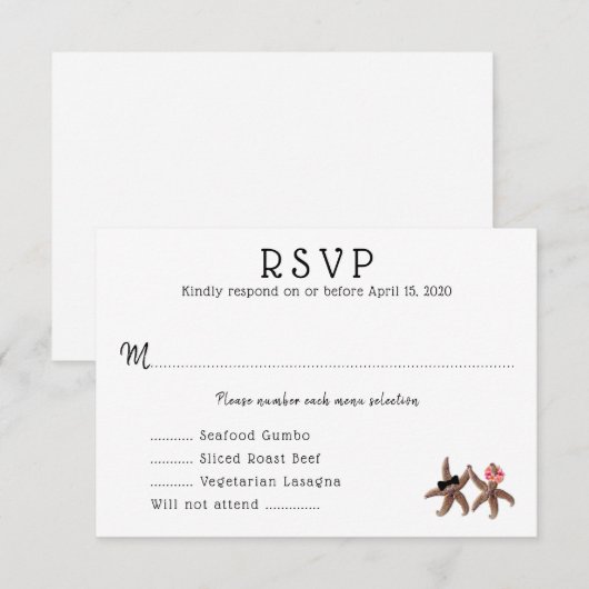 Starfish Bride in Groom maaltijden menu RSVP-kaart (Voorkant / Achterkant)