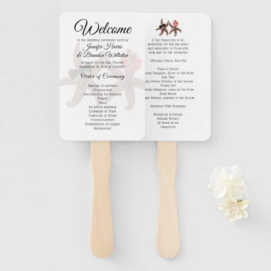 Starfish Bride n Groom White Fan Programs Handwaaier (Voorkant en achterkant)