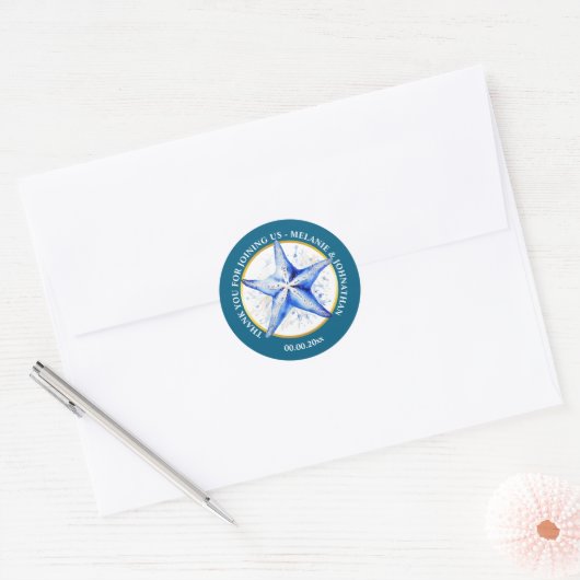 Starfish bruiloft blauw wit strand thema rond ronde sticker (Envelop)