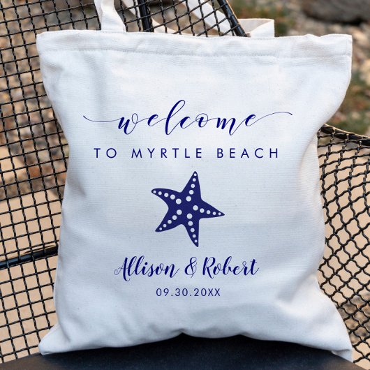 Starfish bruiloft welkomsttas voor strand, marineb tote bag
