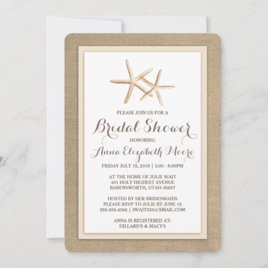 Starfish Burlap Beach Bridal Shower Invitation Kaart (Voorkant)