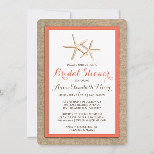 Starfish Burlap Beach Bruids Douche Uitnodiging (Voorkant)