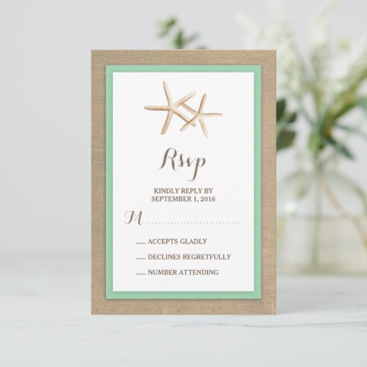 Starfish Burlap Beach Tropische bruiloft RSVP (Staand voorkant)