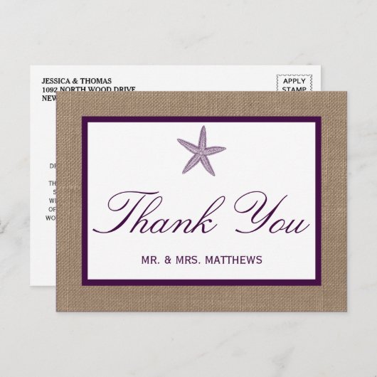 Starfish Burlap Beach Wedding | Kies uw kleur Briefkaart (Voorkant / Achterkant)