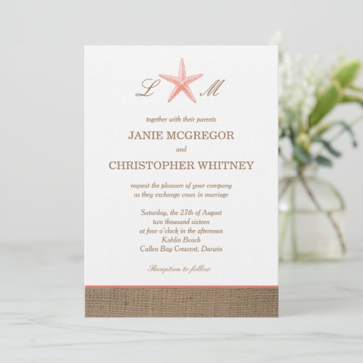 Starfish Burlap Rustic Beach Wedding Invitations Kaart (Staand voorkant)