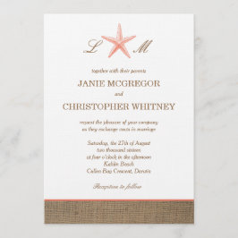 Starfish Burlap Rustic Beach Wedding Invitations Kaart