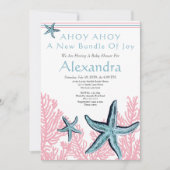 Starfish Coral Baby shower-uitnodiging Stustblauw (Voorkant)