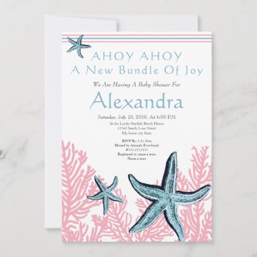 Starfish Coral Baby shower-uitnodiging Stustblauw (Voorkant)