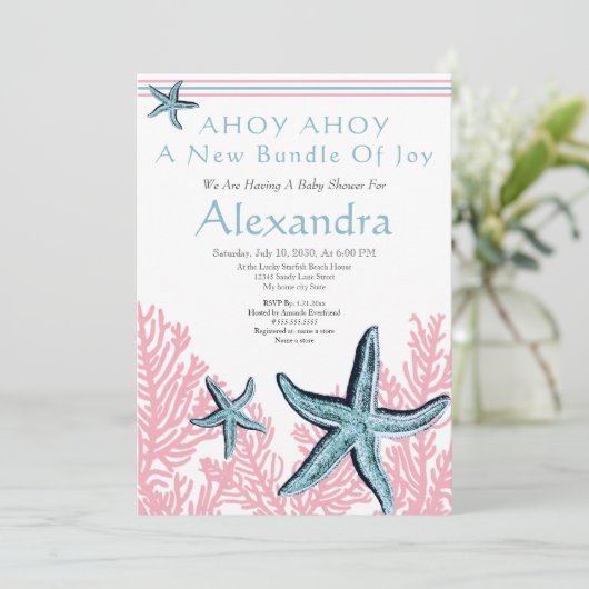 Starfish Coral Baby shower-uitnodiging Stustblauw (Staand voorkant)