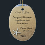 Starfish Couple Custom Oval Christmas Ornament<br><div class="desc">Two starfish in beach sand on an oval hanging ornament. Add to the Christmas tree as a memento of a special time or momous gelegenheid. Four lines of template text let you customize as needed with names, info - such as "first Christmas", or "our vacature" text - and place and...</div>