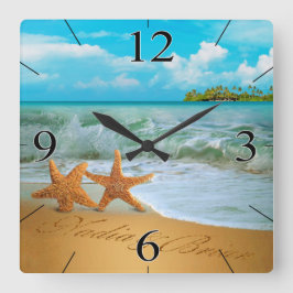 Starfish Couple VRAAGT ME NAMEN IN DE ZAND TE BREN Vierkante Klok