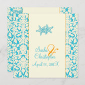 Starfish + damask/aqua Wedding Invitting Kaart (Voorkant / Achterkant)
