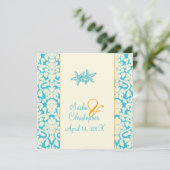 Starfish + damask/aqua Wedding Invitting Kaart (Staand voorkant)