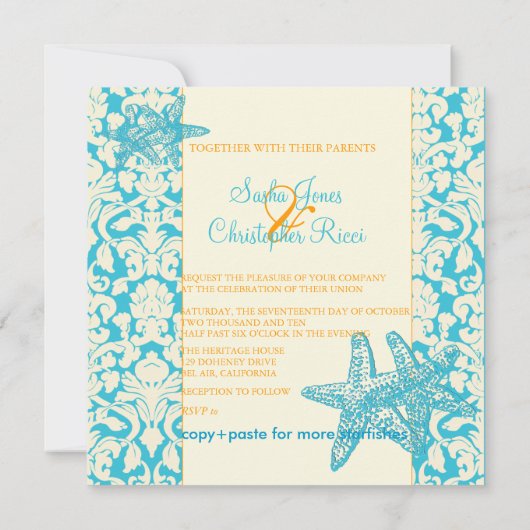 Starfish + damask/aqua Wedding Invitting Kaart (Achterkant)