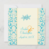 Starfish + damask/aqua Wedding Invitting Kaart (Voorkant)