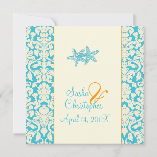 Starfish + damask/aqua Wedding Invitting Kaart (Voorkant)