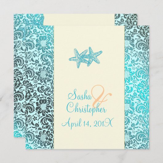 Starfish + damask Wedding Invitting Kaart (Voorkant / Achterkant)