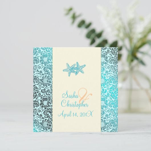 Starfish + damask Wedding Invitting Kaart (Staand voorkant)