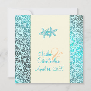 Starfish + damask Wedding Invitting Kaart