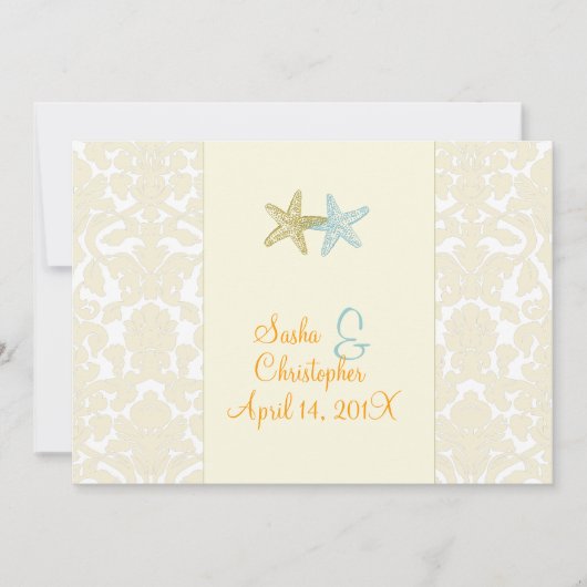 Starfish + damask Wedding Invitting Kaart (Voorkant)