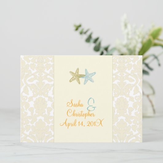 Starfish + damask Wedding Invitting Kaart (Staand voorkant)