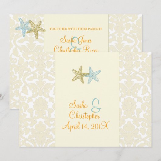 Starfish + damask Wedding Invitting Kaart (Voorkant / Achterkant)