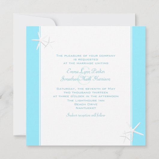 Starfish Decorate Aqua Beach Wedding Invitations Kaart (Achterkant)