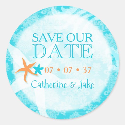 Starfish Dream Beach Weddenschap Save the Date Ronde Sticker (Voorkant)