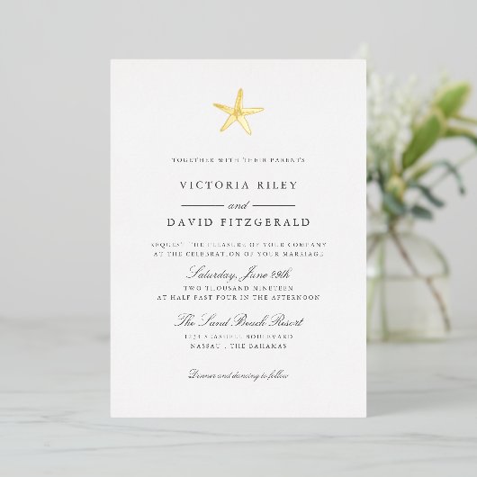 Starfish Elegant Ocean Beach WEDDING GOLD Folie Uitnodiging (Staand Voorkant)