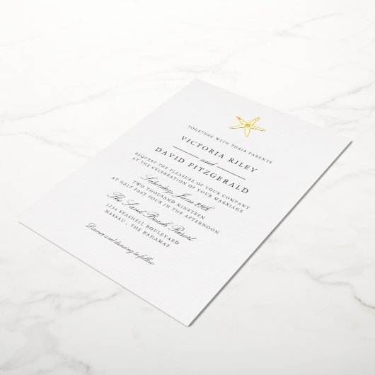 Starfish Elegant Ocean Beach WEDDING GOLD Folie Uitnodiging (Gedraaid)